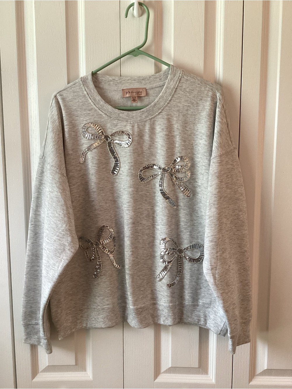 Philosophy Gray Crewneck Sweatshirt with Silver Sequin Bows XL